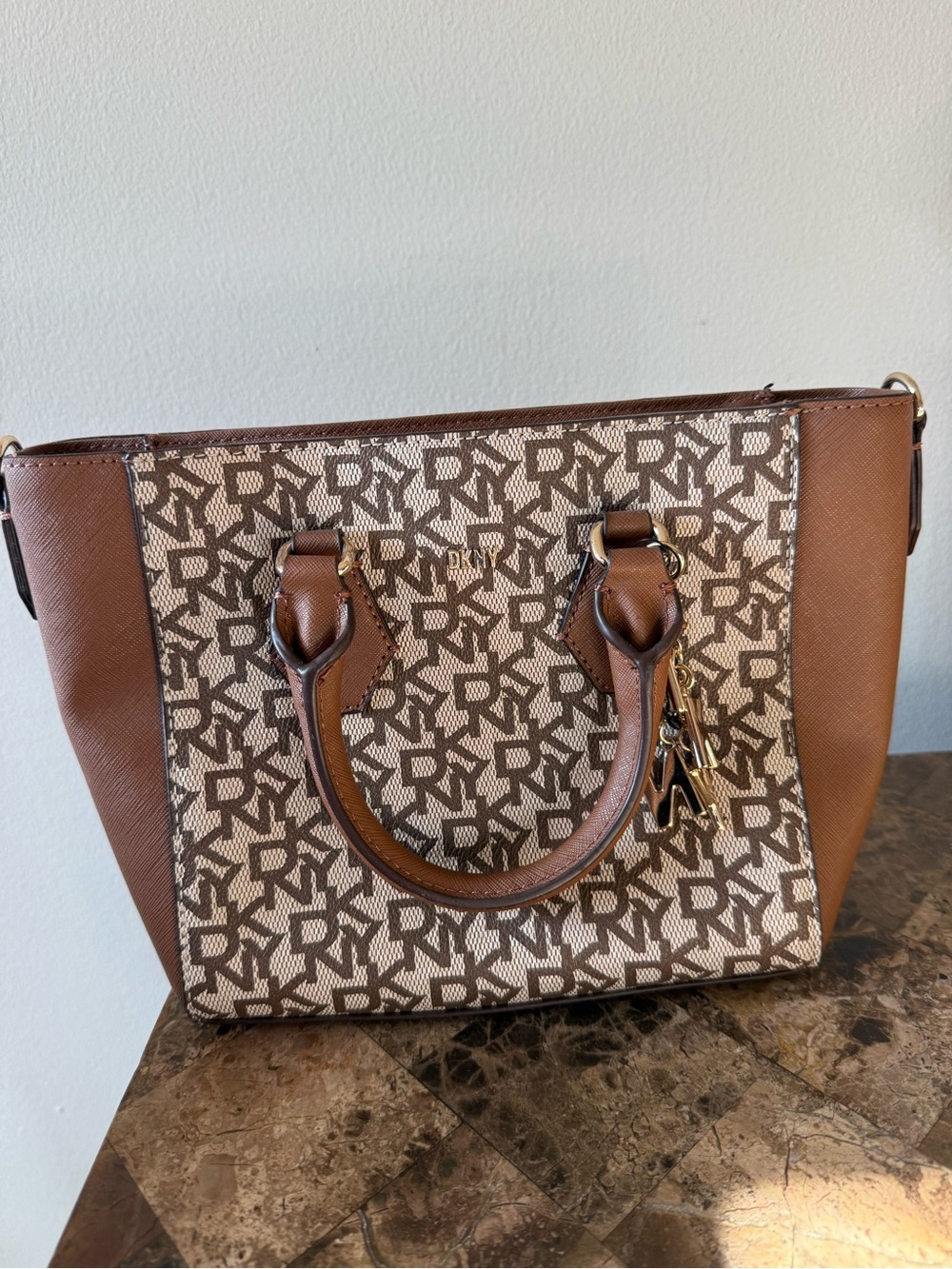 DKNY Brown and Cream Monogram Satchel